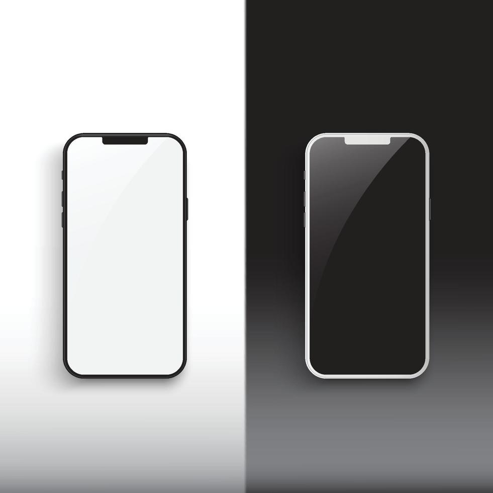 smartphones preto e branco. novo estilo moderno de smartphone móvel realista. smartphone vetorial com ícones da interface do usuário. isolado no fundo branco. vetor