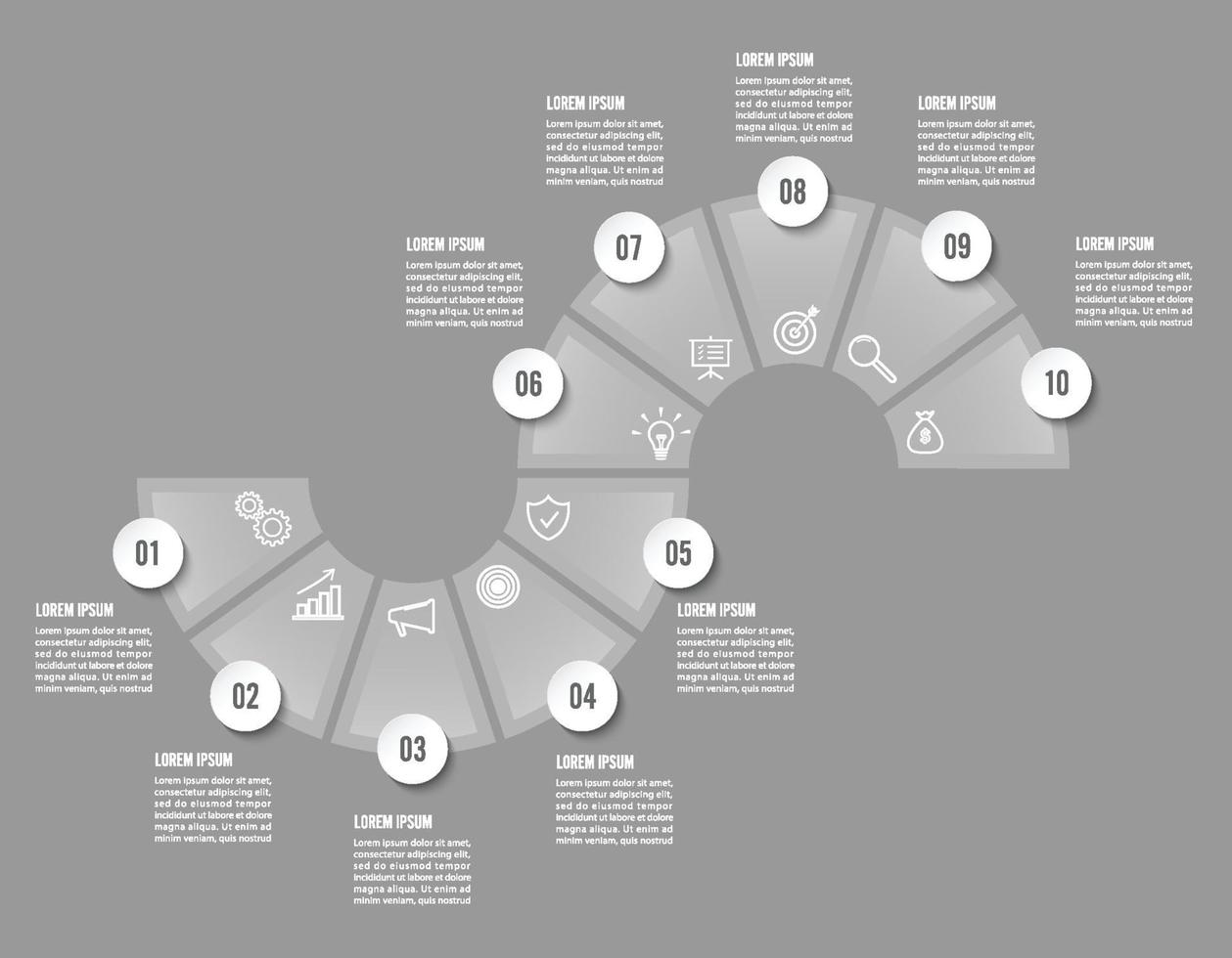 vetor de design de infográficos e ícones de marketing podem ser usados para layout de fluxo de trabalho, diagrama, relatório anual, web design. conceito de negócio com 10 opções, etapas ou processos.