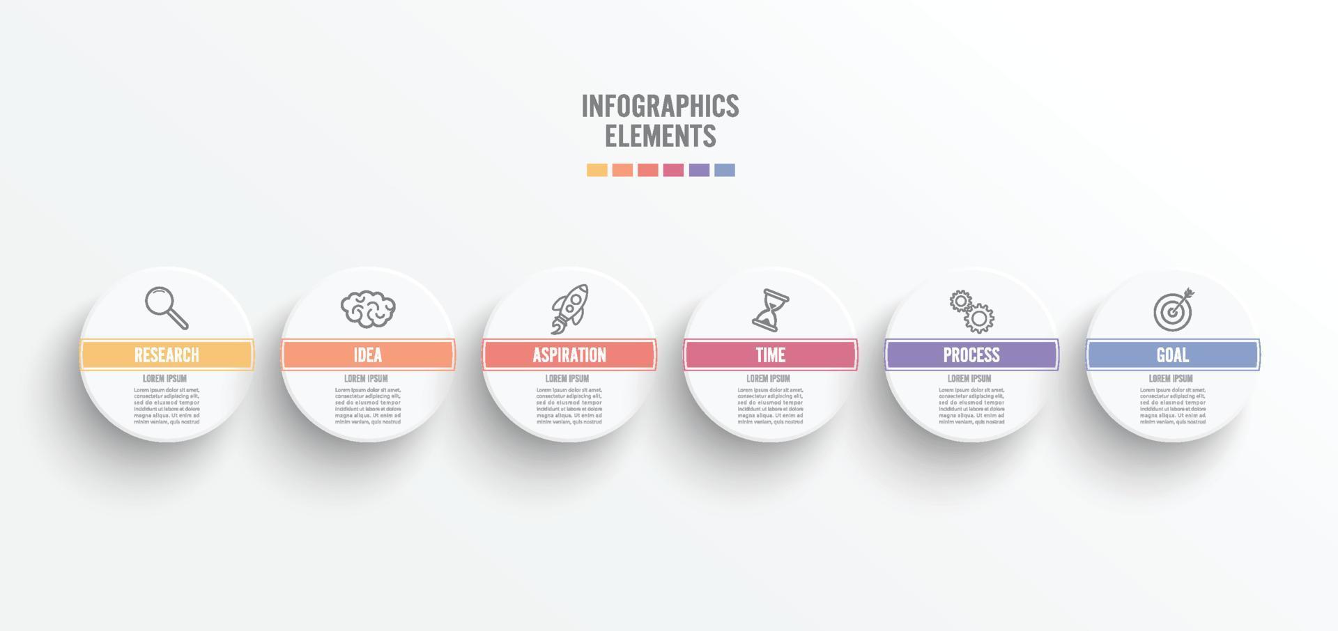 elementos abstratos do modelo de gráfico infográfico com etiqueta, círculos integrados. conceito de negócio com 6 opções. para conteúdo, diagrama, fluxograma, etapas, peças, infográficos de linha do tempo, layout de fluxo de trabalho. vetor