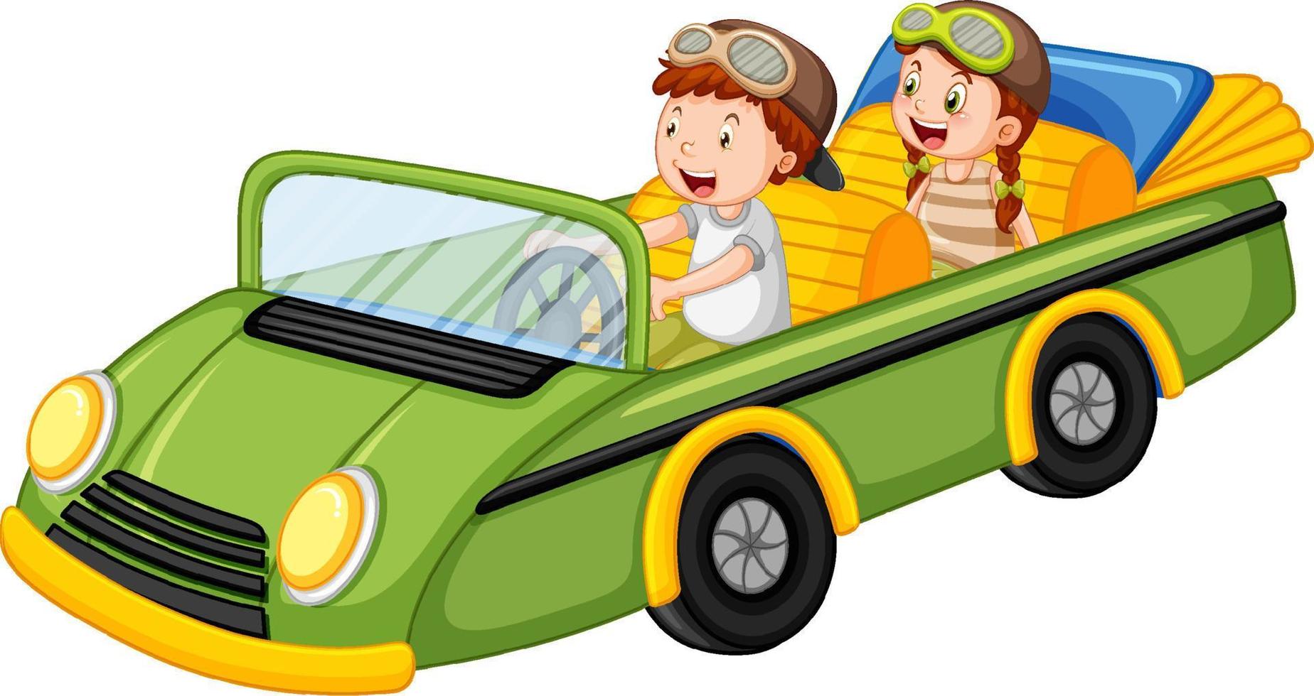 crianças em carro conversível vintage verde vetor