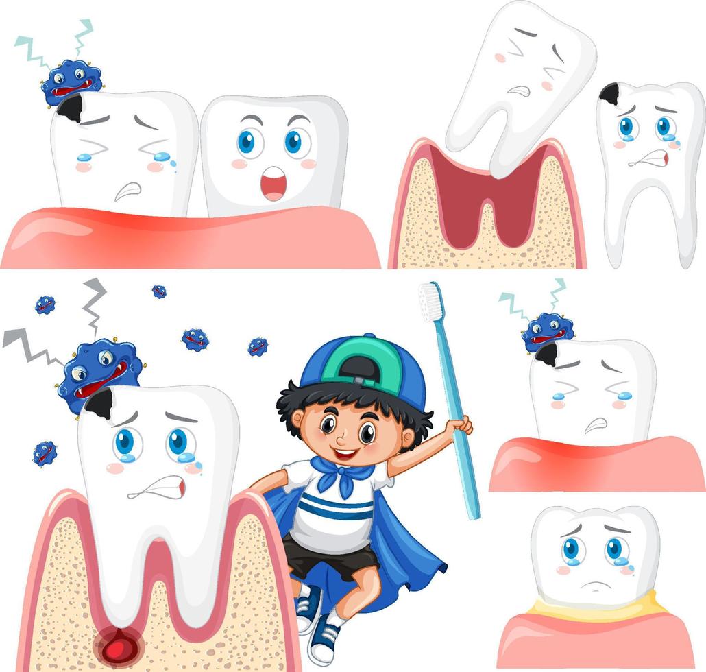 conjunto de todos os tipos de dentes com criança em fundo branco vetor