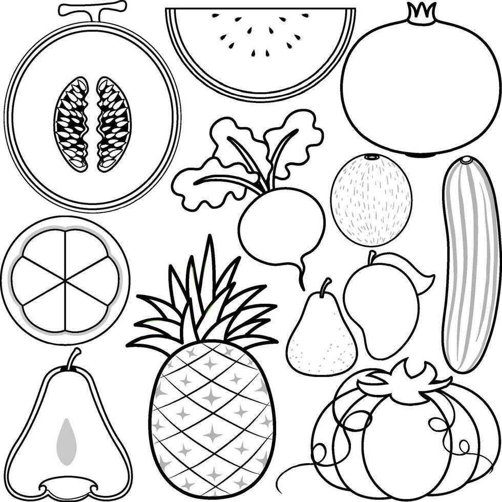 contorno de doodle de frutas e legumes vetor