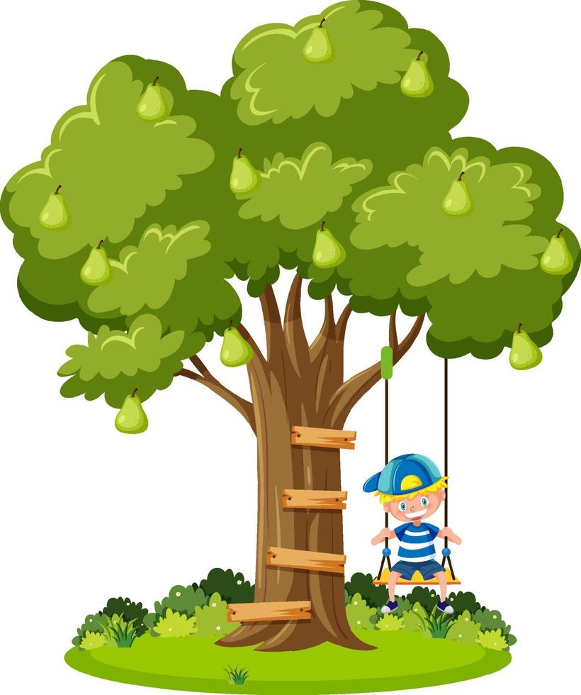 menino brincando de balanço debaixo da árvore vetor