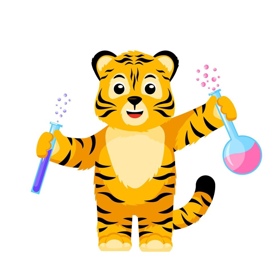 pequeno cientista tigre isolado. personagem bonito desenho animado tigre listrado professor de química. vetor