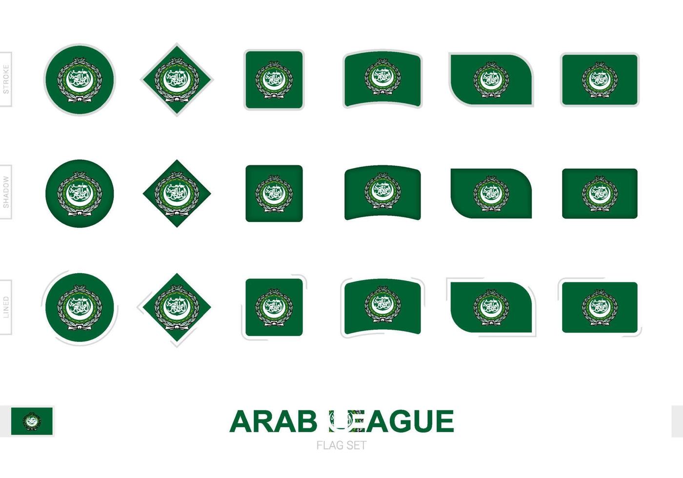 conjunto de bandeiras da liga árabe, bandeiras simples da liga árabe com três efeitos diferentes. vetor