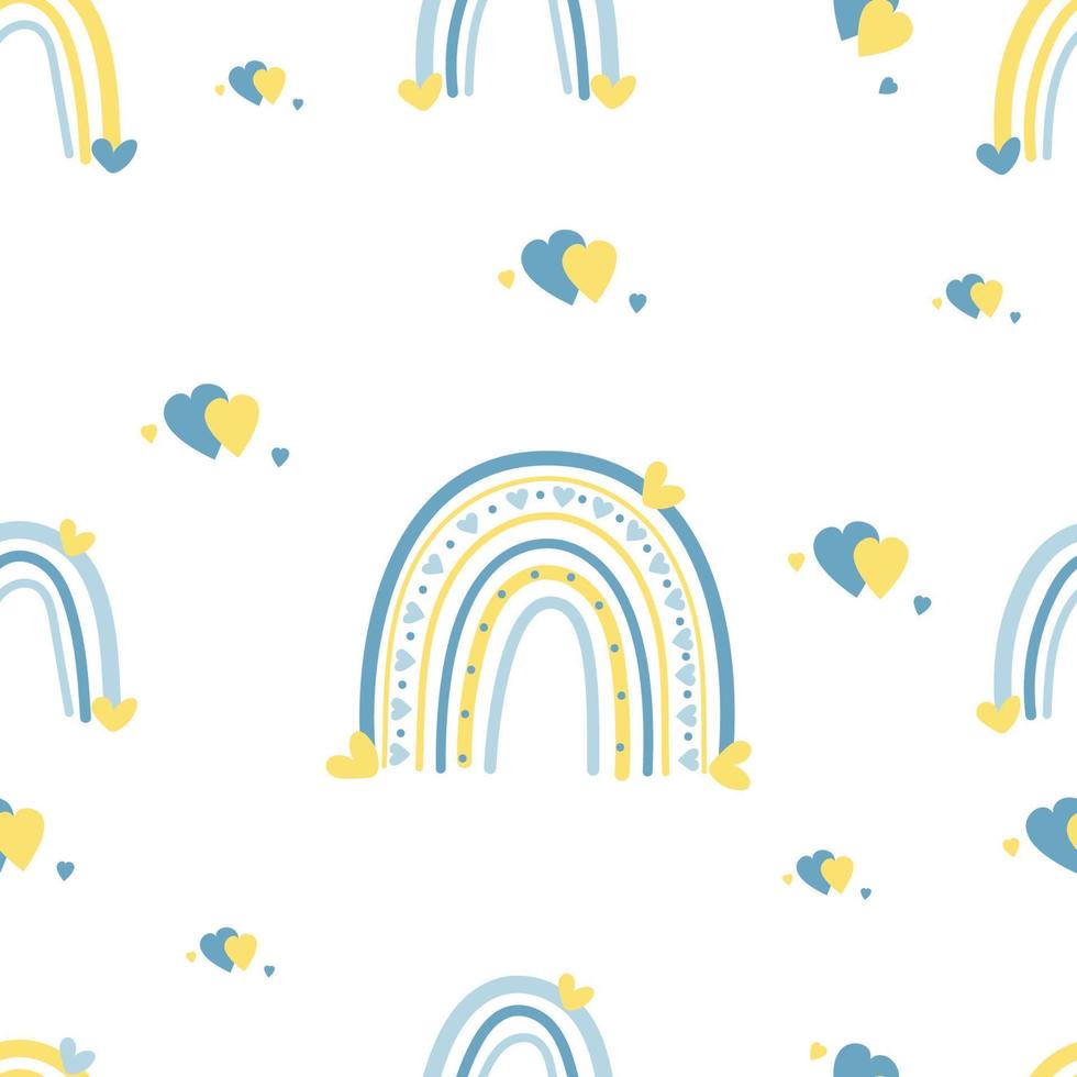 sem costura padrão com arco-íris amarelo-azul e corações em fundo branco. ilustração vetorial. cores da bandeira ucraniana. para design, decoração, embalagem e decoração, papel de parede e impressão vetor