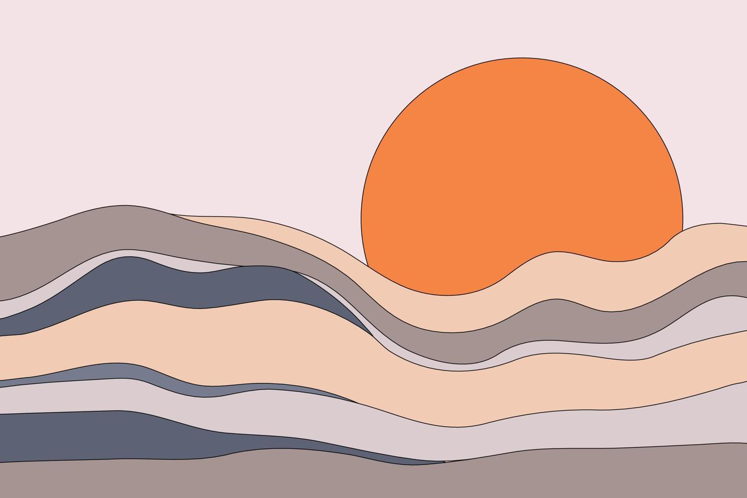 ilustração em vetor paisagem abstrata. formas onduladas coloridas em camadas com fundo de linhas de contorno. ondas do mar plano e grande sol laranja são conceito de arte da natureza criativa