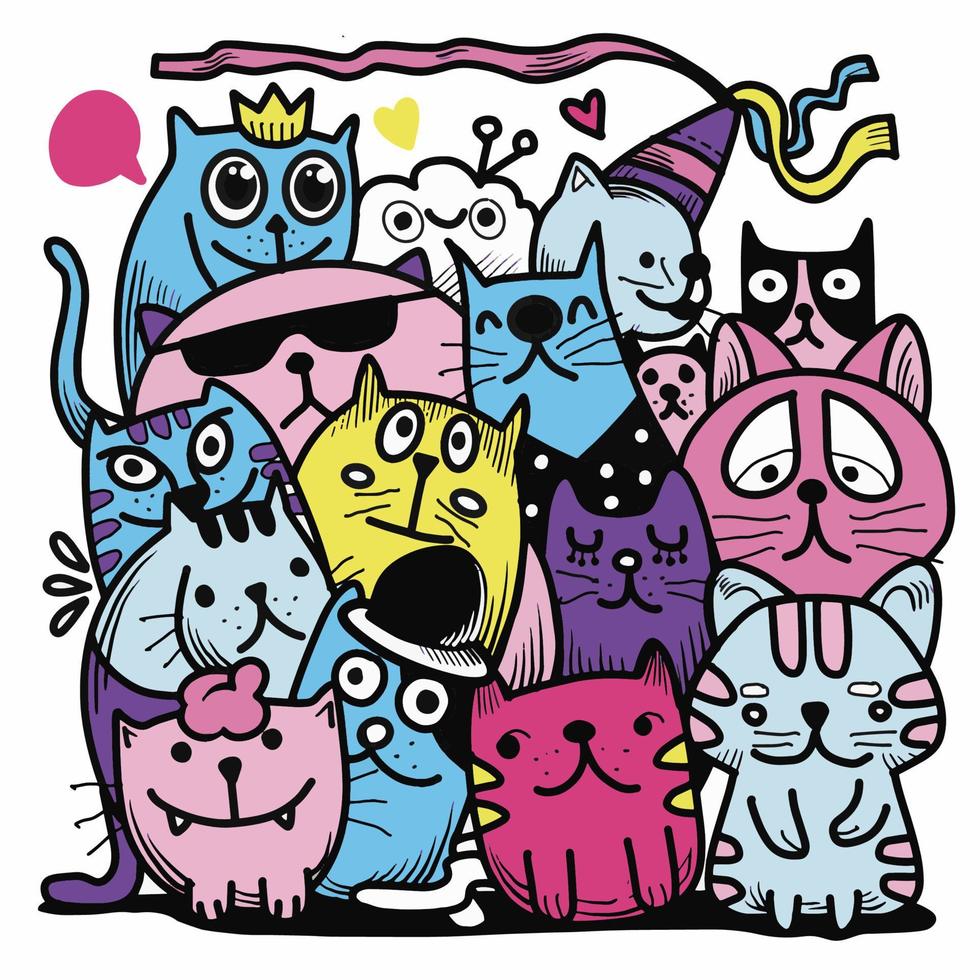 ilustração vetorial desenhada à mão do grupo de gatos doodle, ilustrador vetor