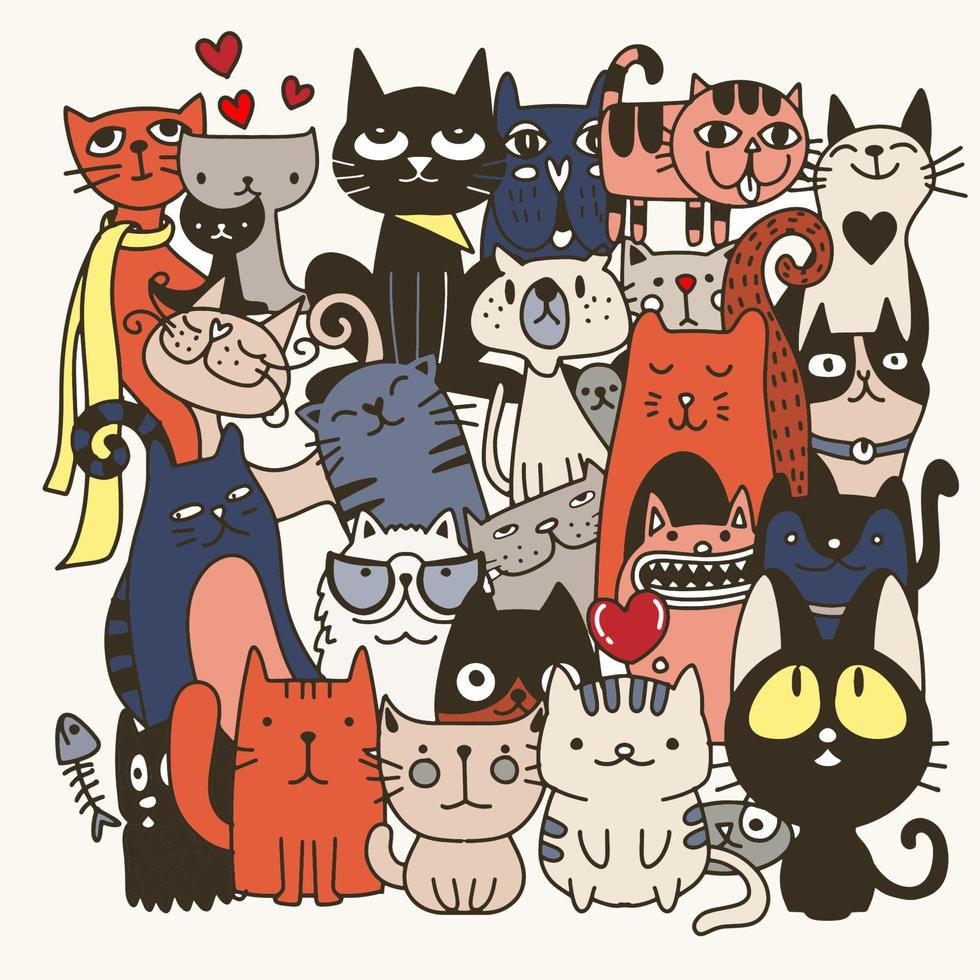 gatos desenhados à mão engraçados. ilustração vetorial de animais com gatinhos adoráveis. vetor