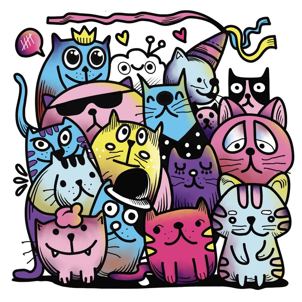 ilustração vetorial desenhada à mão do grupo de gatos doodle, ilustrador vetor