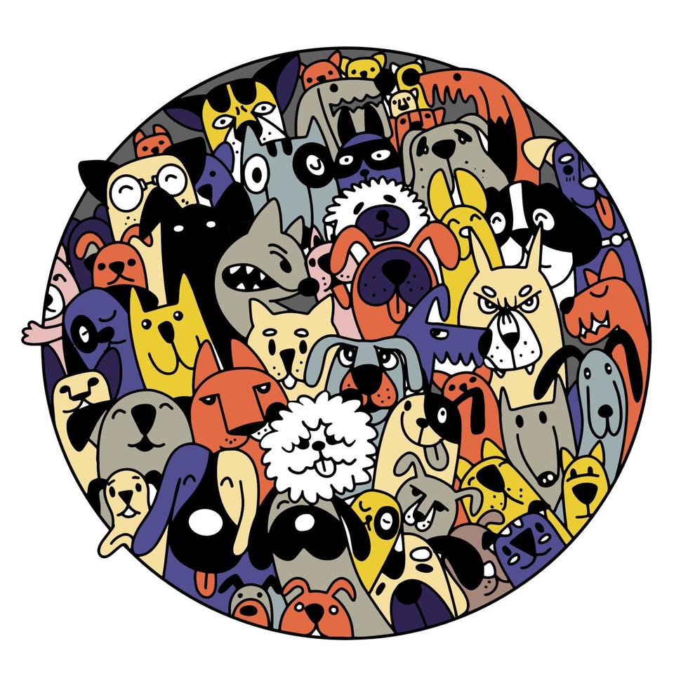 cães doodle enfrenta fundo colorido, ilustração vetorial desenhada à mão de doodle vetor