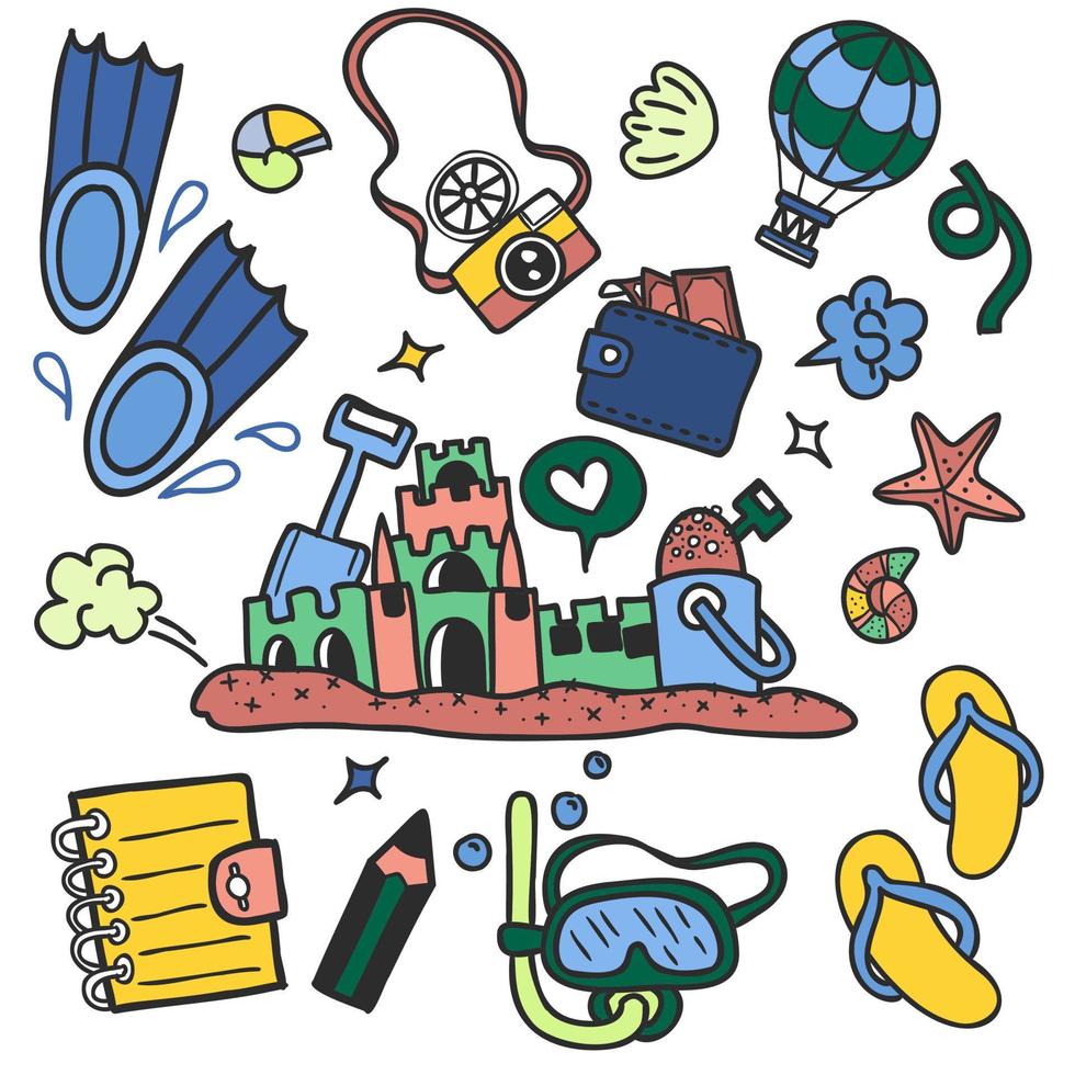 símbolos e objetos vetoriais desenhados à mão de praia de verão vetor