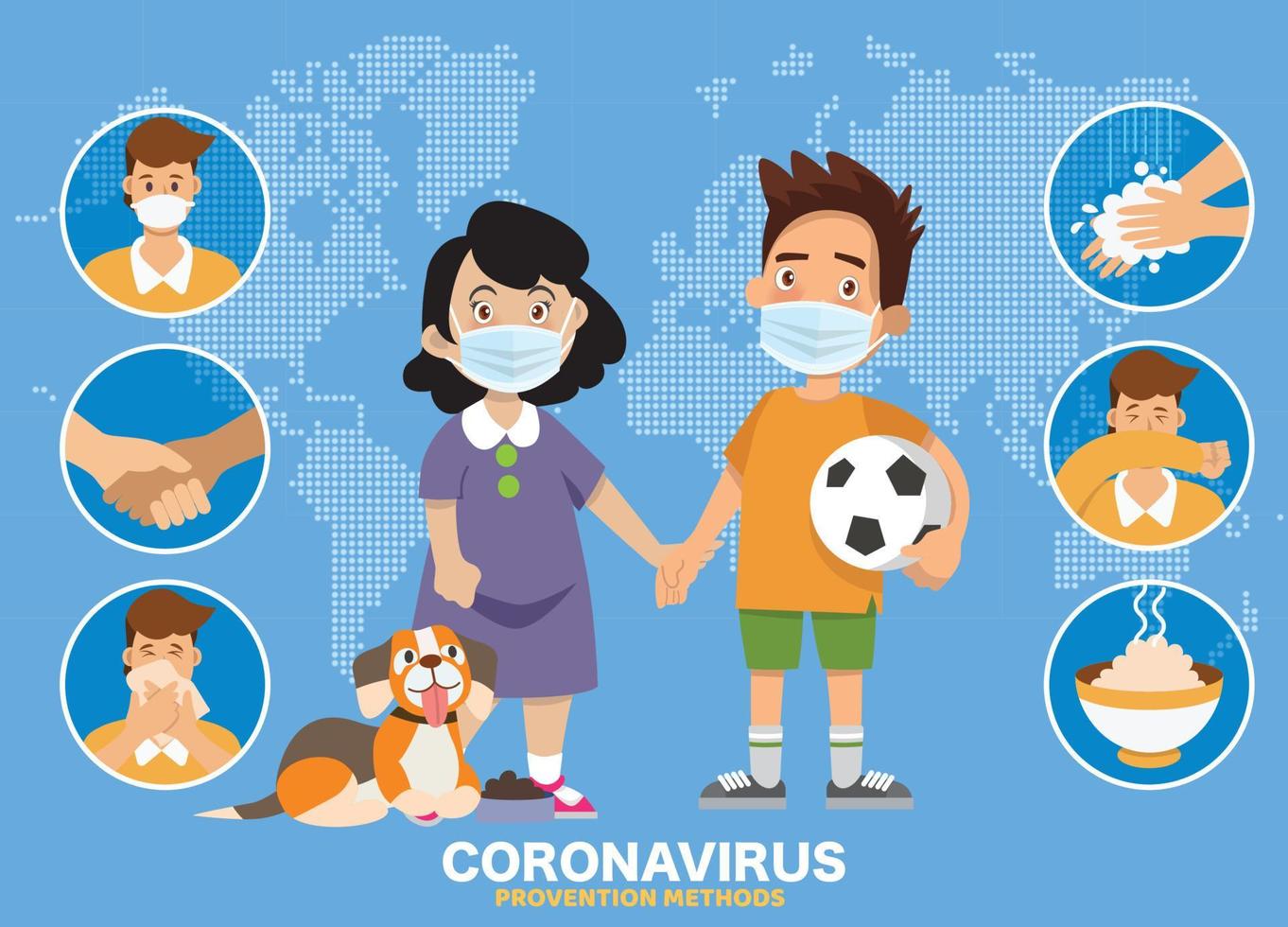 infográfico de prevenções de coronavírus covid-19. menino e menina em pé apontam o dedo para infográficos de métodos de prevenção vetor