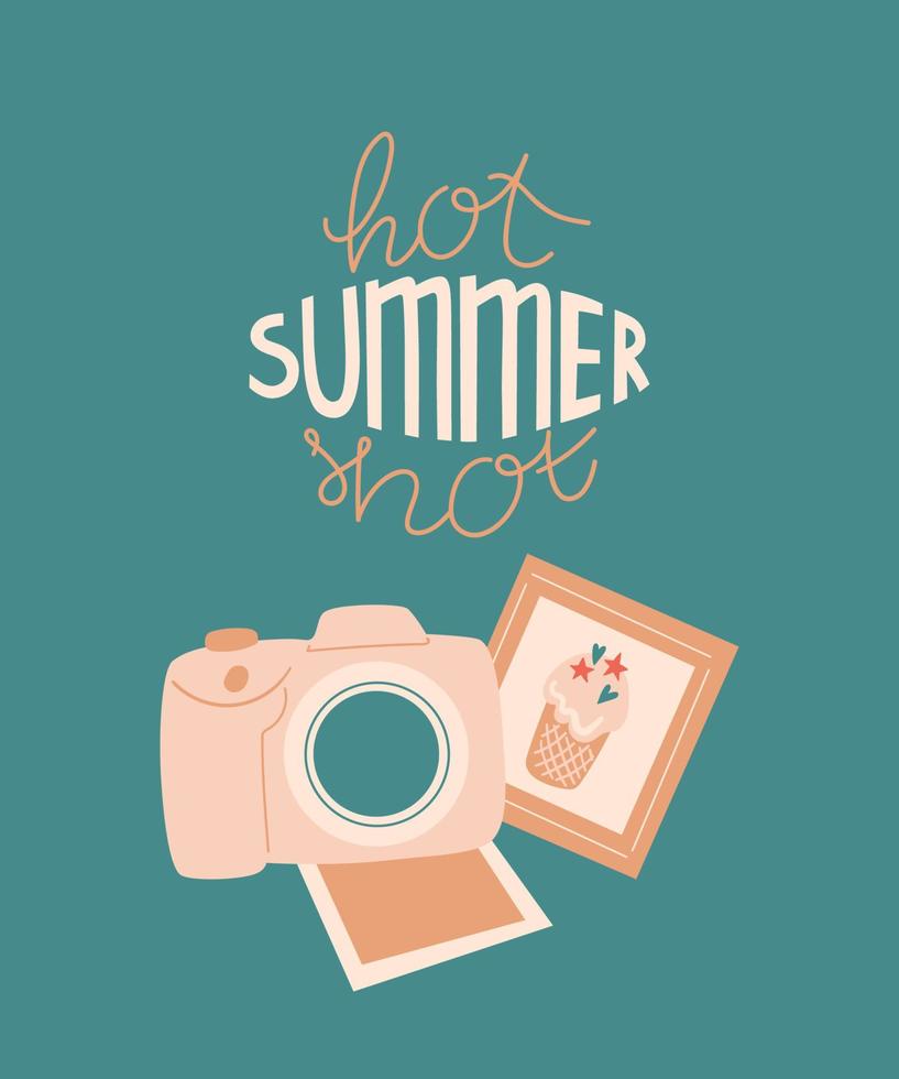 ilustração vetorial de desenhos animados de verão com câmera fotográfica, fotos, fotos ou fotos e letras de fotos quentes de verão. para impressão, pôster e cartão. vetor