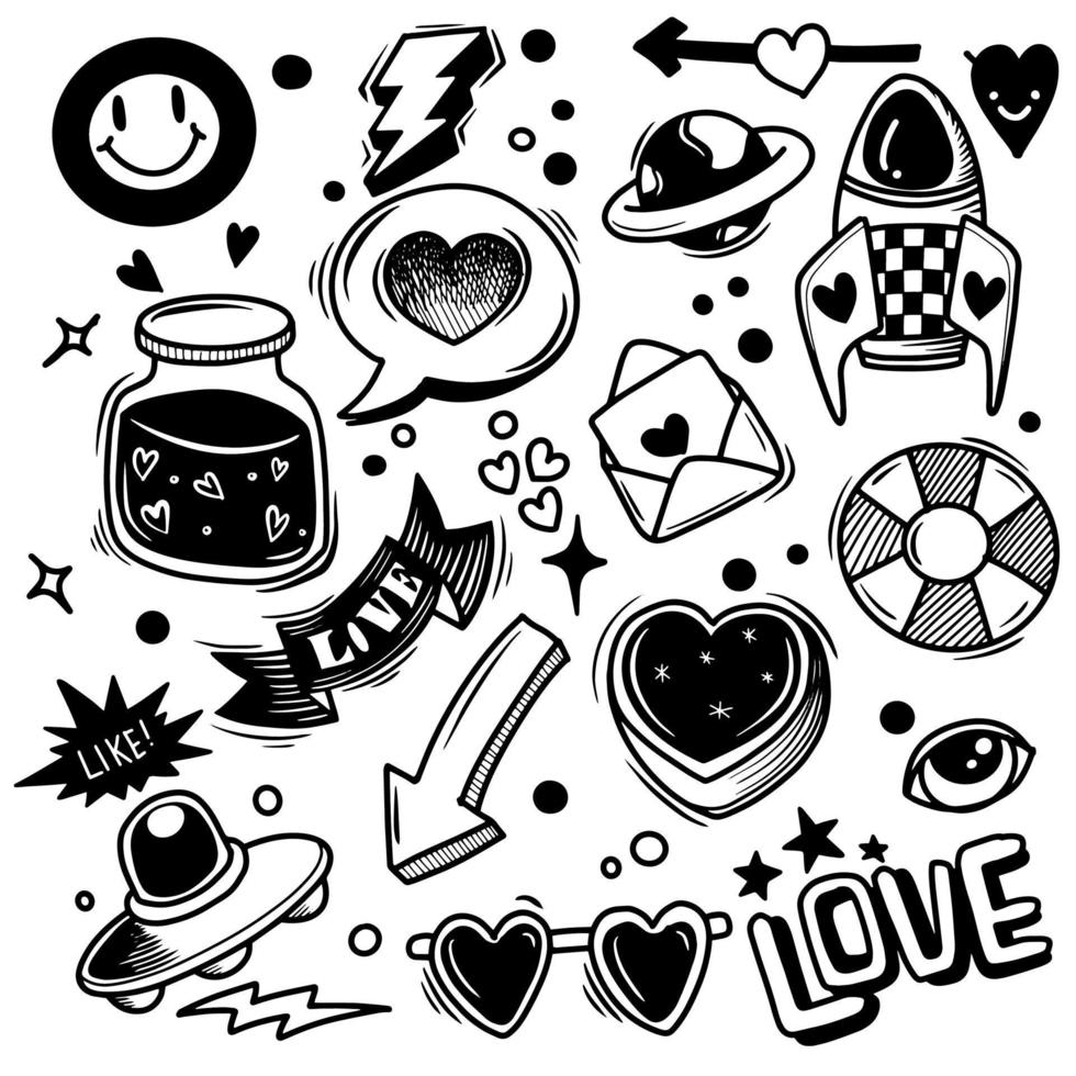 amor, ilustração vetorial de doodle bonito para criança, conjunto desenhado à mão de doodles bonitos para decoração em fundo branco, doodle engraçado desenhado à mão, página para colorir. vetor