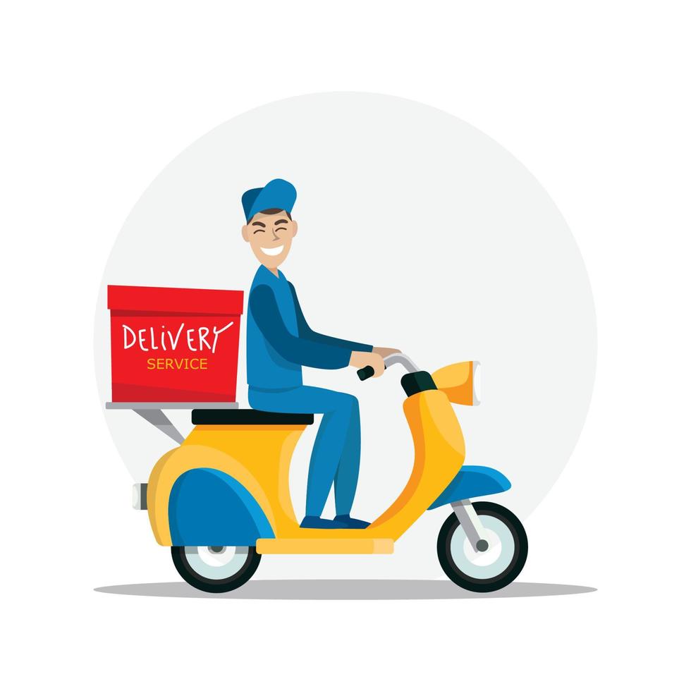 entregador montando uma ilustração de scooter amarela. entregador de comida, ilustração vetorial vetor