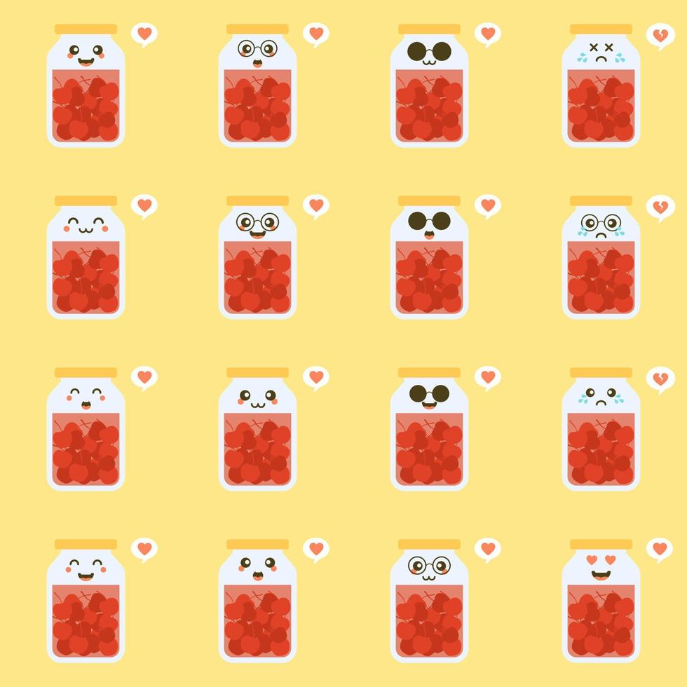 kawaii e cereja fofa em jarra. frutas enlatadas. enlatados material de produtos, conservas de alimentos, fornecidos em lata selada. isolado. ilustração em vetor plana. estilo de design plano para sua marca de mascote.