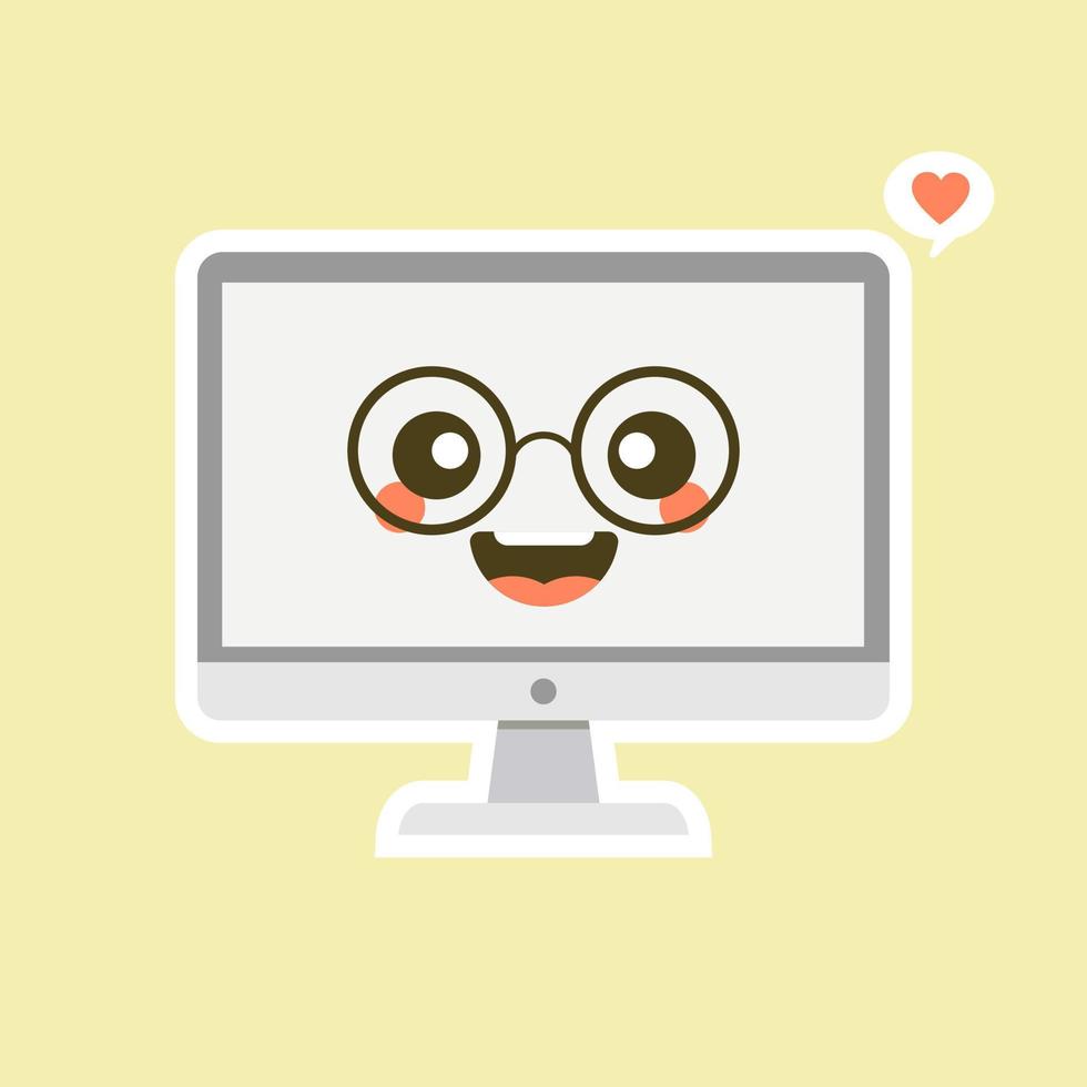 dispositivo de personagem kawaii do computador portátil. conceito de tecnologia e mídia social representado pelo ícone de computador e laptop kawaii. ilustração colorida e plana. vetor