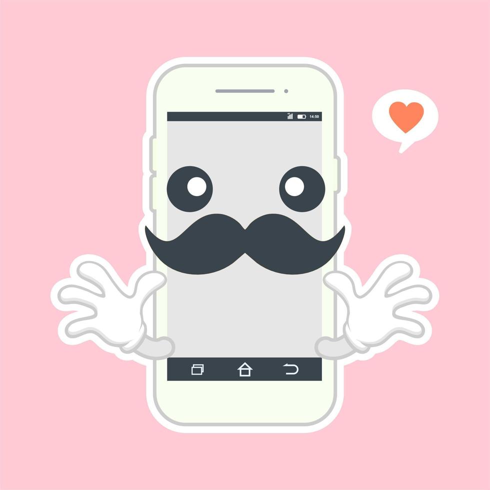 design plano de smartphone bonito e kawaii, personagem de desenho animado de celular. ícone de ilustração de personagem kawaii dos desenhos animados de linha plana de vetor. telefone de chamada, smartphone com conceito de aplicativo de rosto de personagem vetor