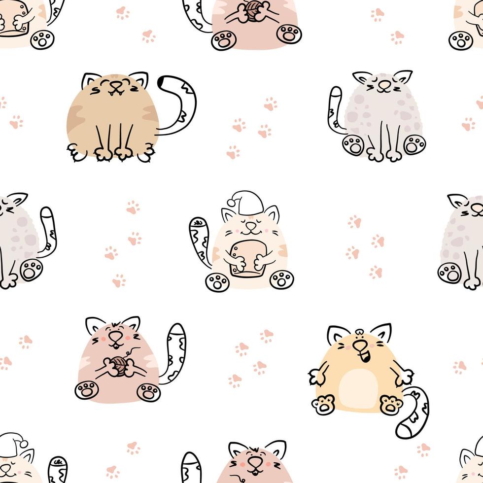padrão sem emenda de vetor de gatos bonitos dos desenhos animados. personagens animais engraçados desenhados à mão com emoções diferentes. adequado para tecido, têxtil, papel de embrulho, papel de parede.