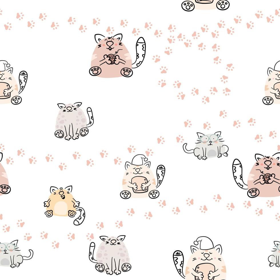 cabeças de gatos coloridos bonitos, rostos de gatinho, padrão sem emenda de  vetor. personagens de desenhos animados de animais de estimação gatinho  engraçados com emoções, textura para tecido, papel de parede, papel