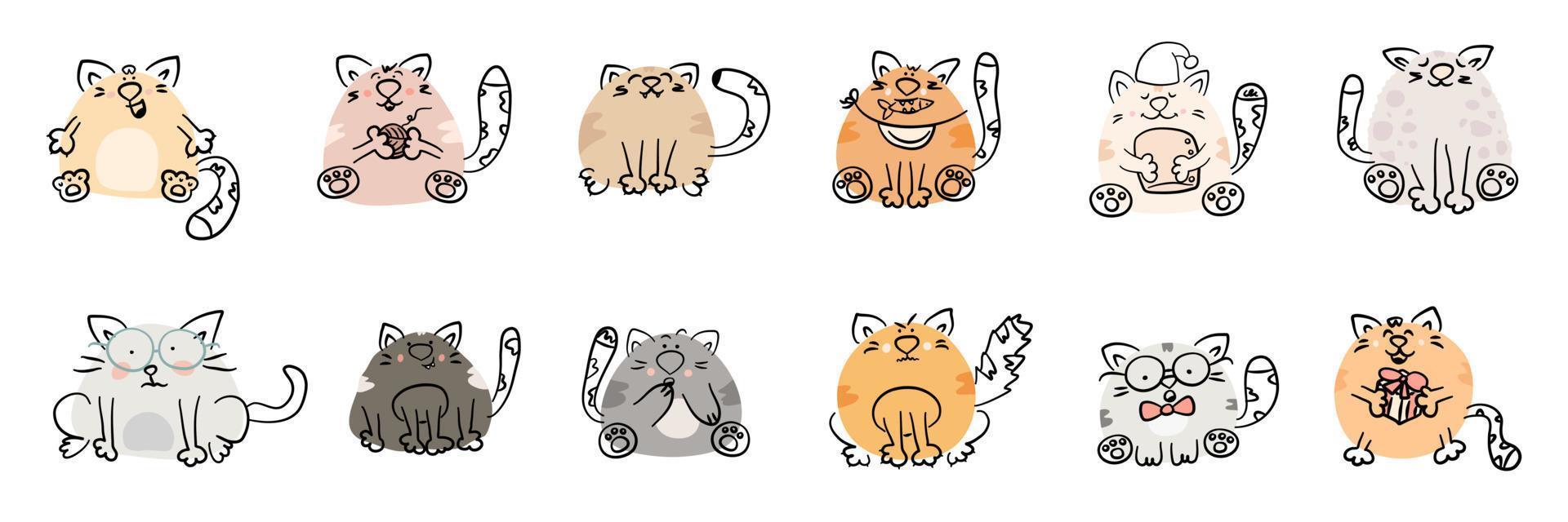 conjunto de gatos dos desenhos animados. personagens animais engraçados desenhados à mão isolados no fundo branco. bichinhos fofos com emoções diferentes. ilustração vetorial plana. vetor