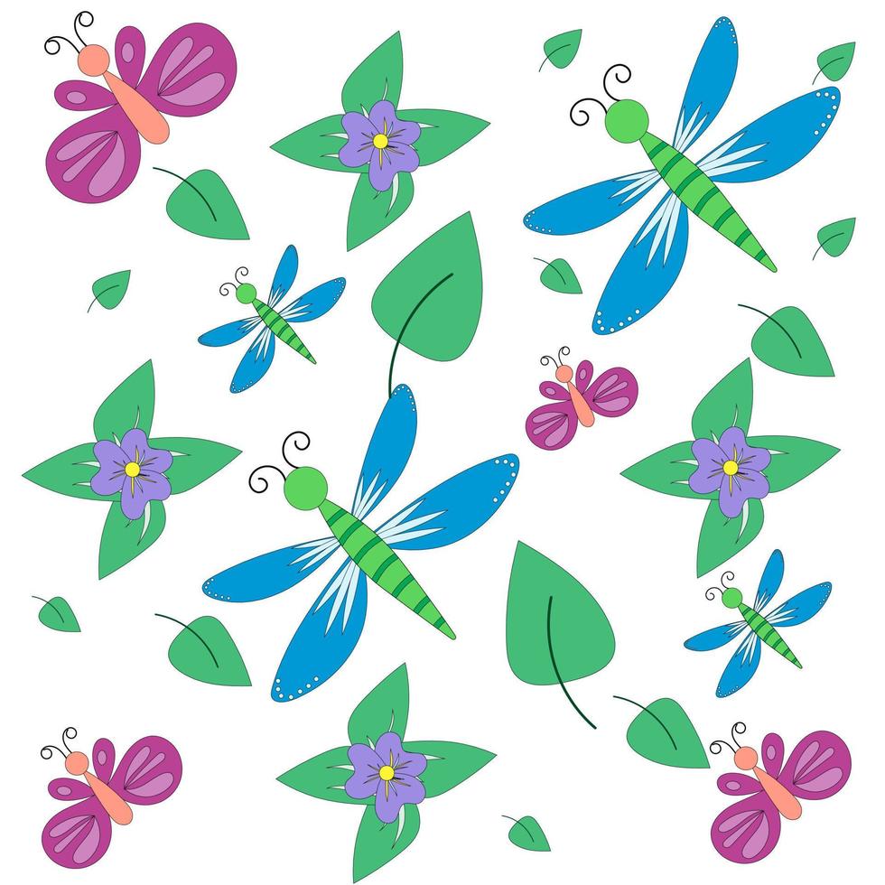 sem costura padrão colorido com insetos e flores. desenho de borboleta e libélula. padrão floral para papel de parede, tecido e papel de embrulho. vetor