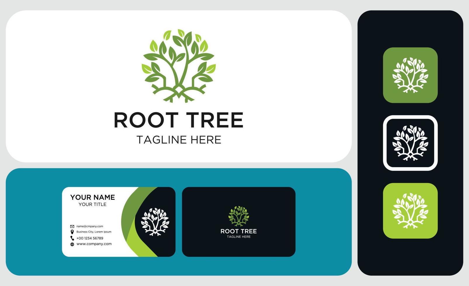 cartão de visita abstrato e design de logotipo. raízes da ilustração do logotipo da árvore. silhueta vetorial de uma árvore. vetor