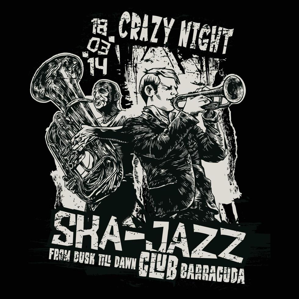 Crazy night ska-jazz club barracuda t-shirt.can ser usado para impressão de camiseta, impressão de caneca, travesseiros, design de impressão de moda, roupas infantis, chá de bebê, saudação e cartão postal. design de camiseta vetor