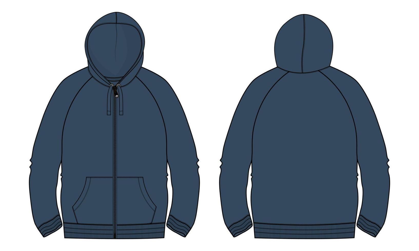 hoodie de manga comprida técnica de moda plana esboço ilustração vetorial modelo de cor azul marinho vistas frontal e traseira. vetor