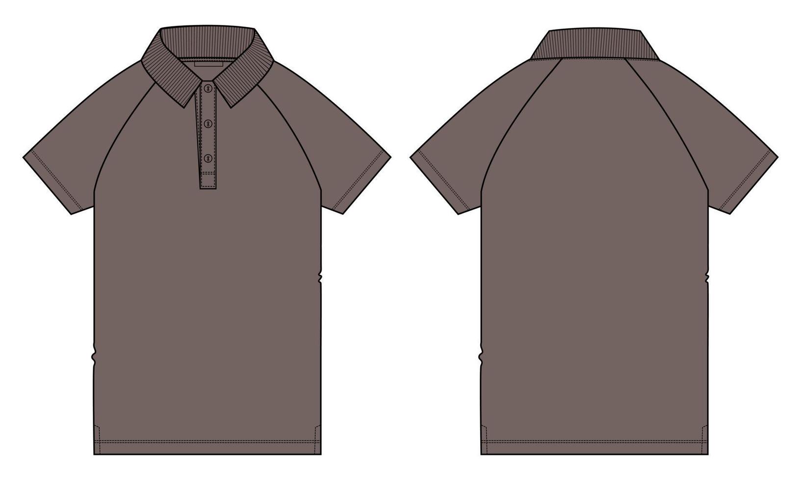 camisa polo raglan de manga curta técnica de moda desenho plano ilustração vetorial cáqui modelo de cor vista frontal e traseira. vetor