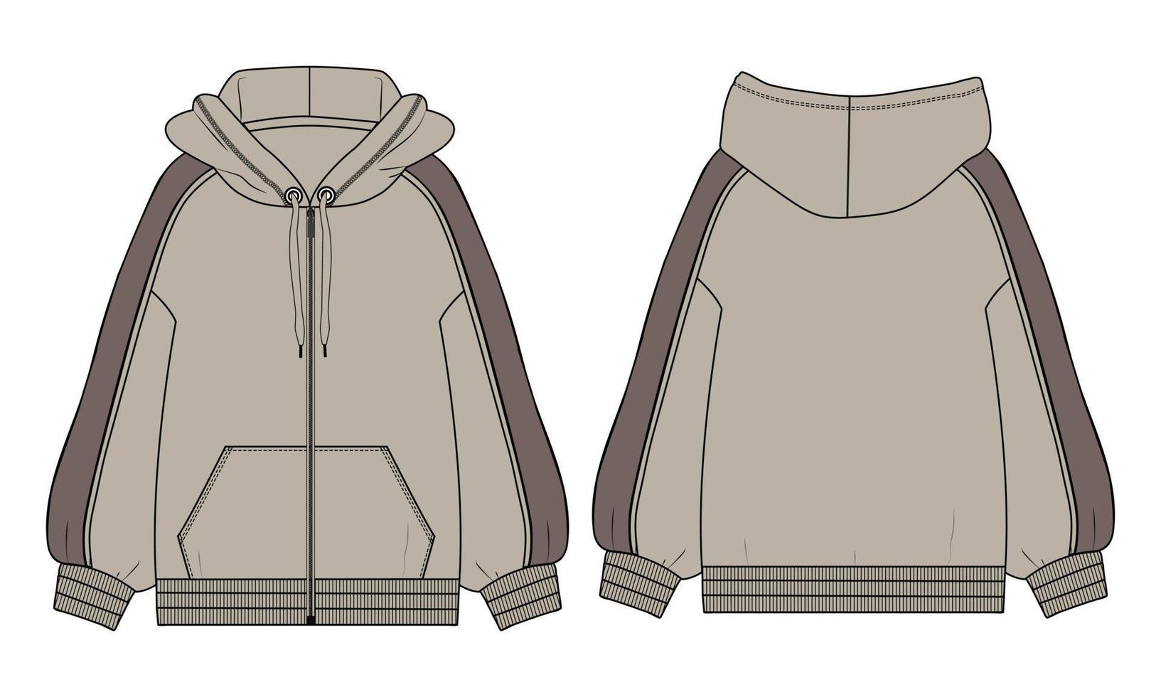 hoodie de manga comprida técnica de moda plana esboço ilustração vetorial cáqui modelo de cores vistas frontal e traseira. vetor