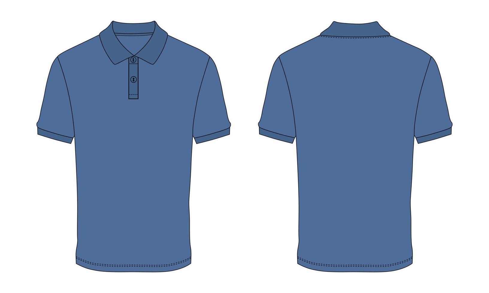 camisa polo de manga curta moda esboço plano ilustração vetorial modelo de cor azul vistas dianteiras e traseiras isoladas no fundo branco. vetor