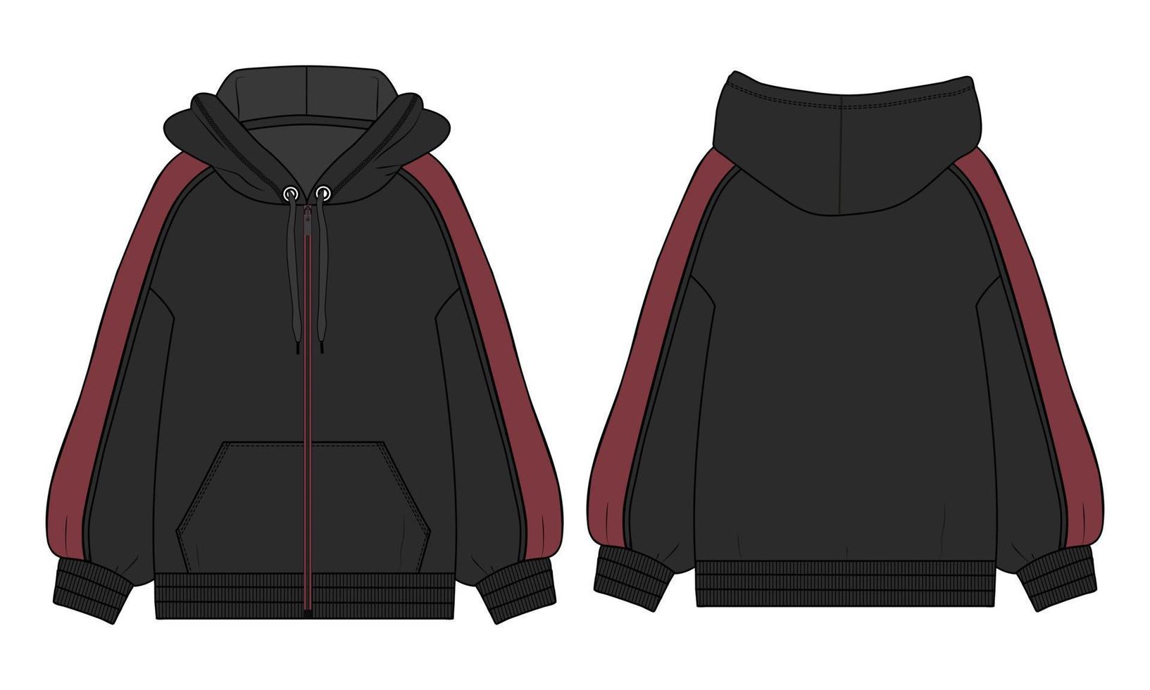 hoodie de manga comprida técnica de moda plana esboço ilustração vetorial modelo de cor preta vistas frontal e traseira. vetor