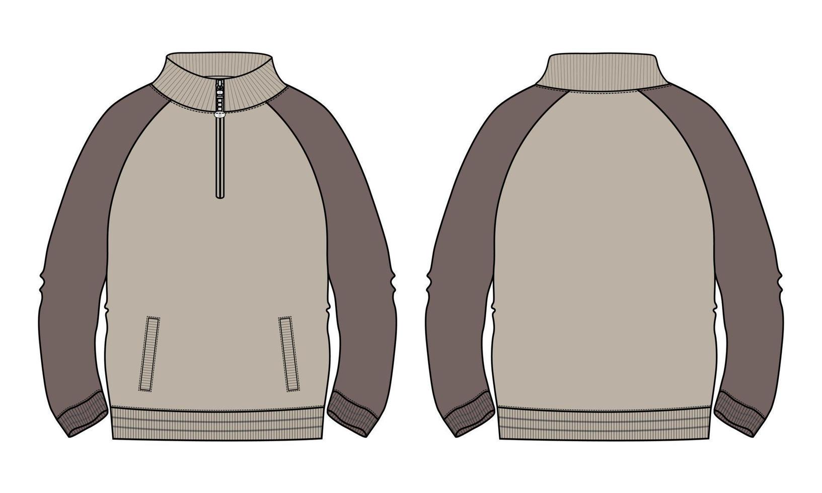 jaqueta de manga longa de cor cáqui de dois tons com modelo de ilustração vetorial de esboço plano de moda técnica de bolso e zíper. jaqueta de moletom de jersey de lã para homens e meninos vetor
