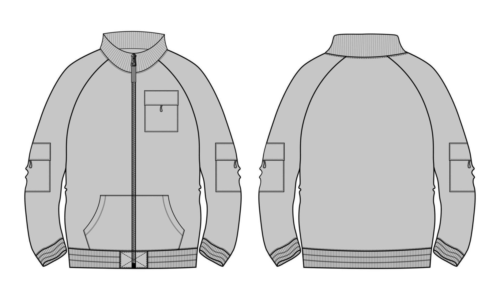 jaqueta de manga longa técnica de moda plana esboço ilustração vetorial modelo de cor cinza vistas frontal e traseira. vetor