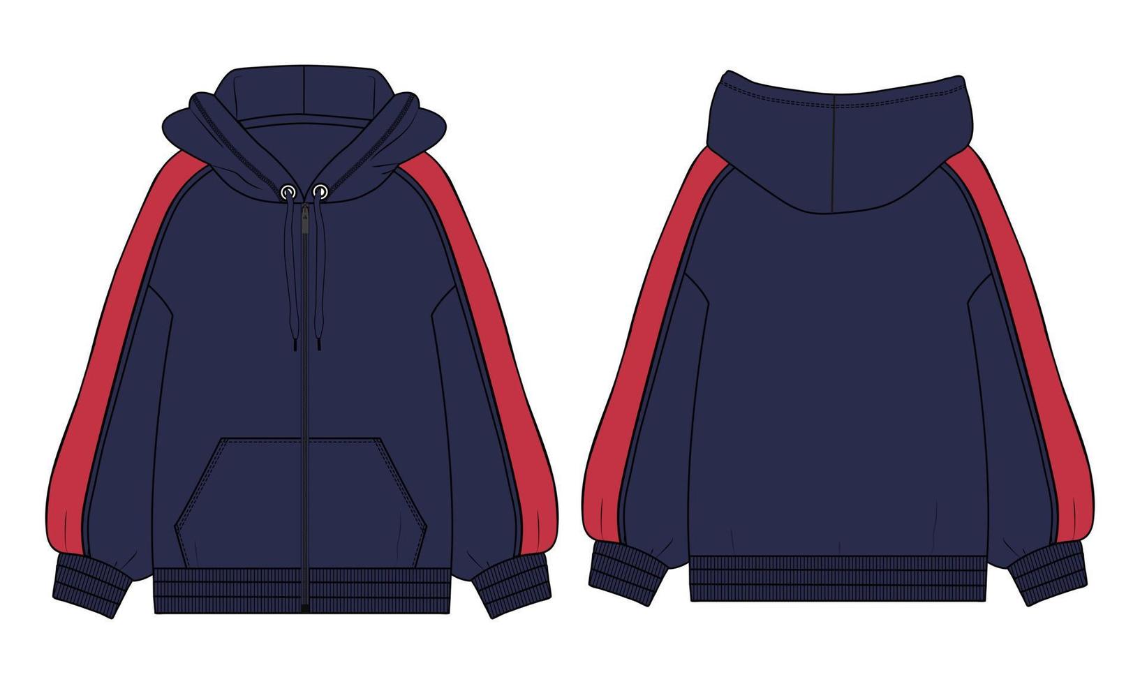 hoodie de manga comprida técnica de moda plana esboço ilustração vetorial marinha modelo de cor vista frontal e traseira. vetor