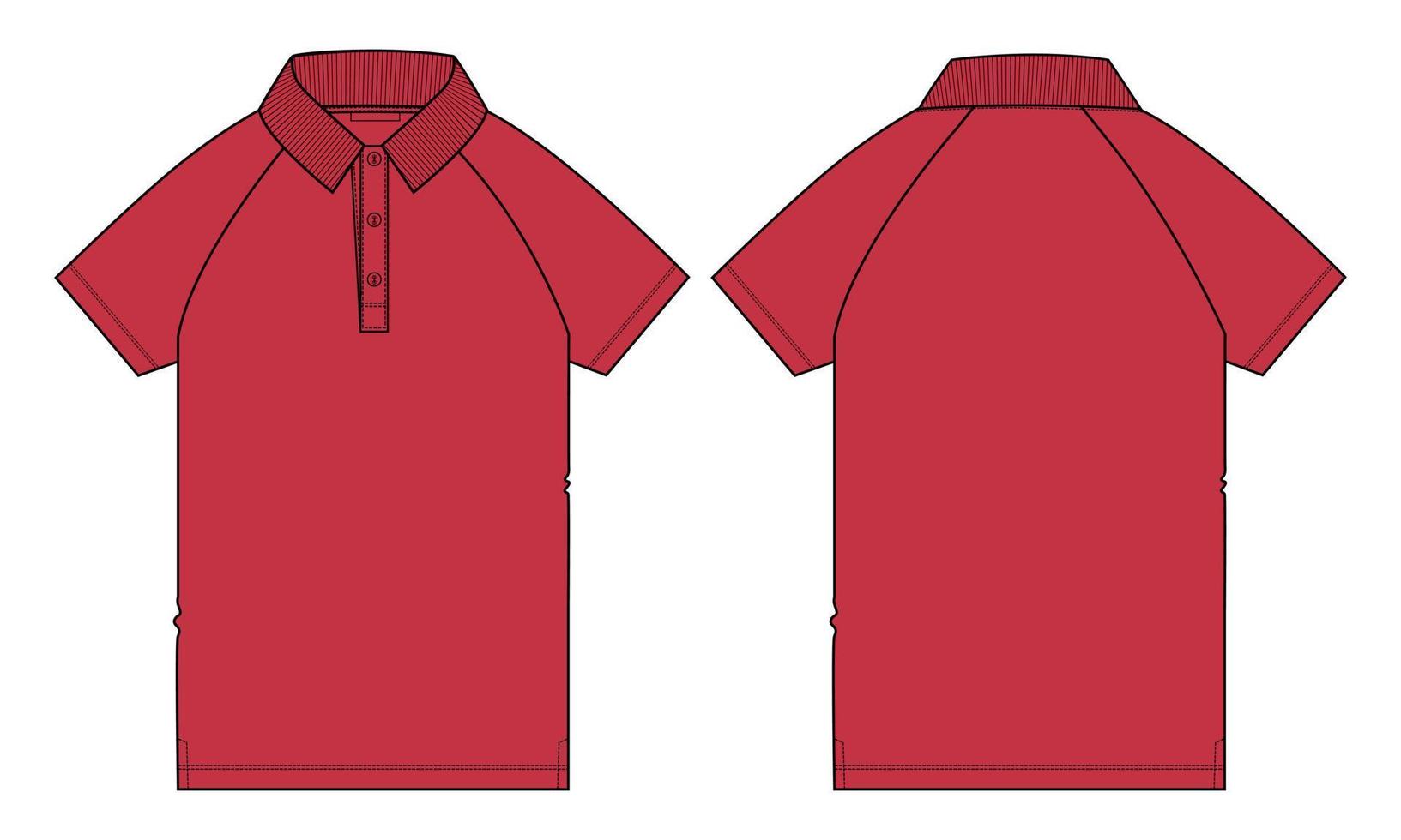camisa polo raglan de manga curta técnica de moda plana esboço ilustração vetorial modelo de cor vermelha vistas frontal e traseira. vetor
