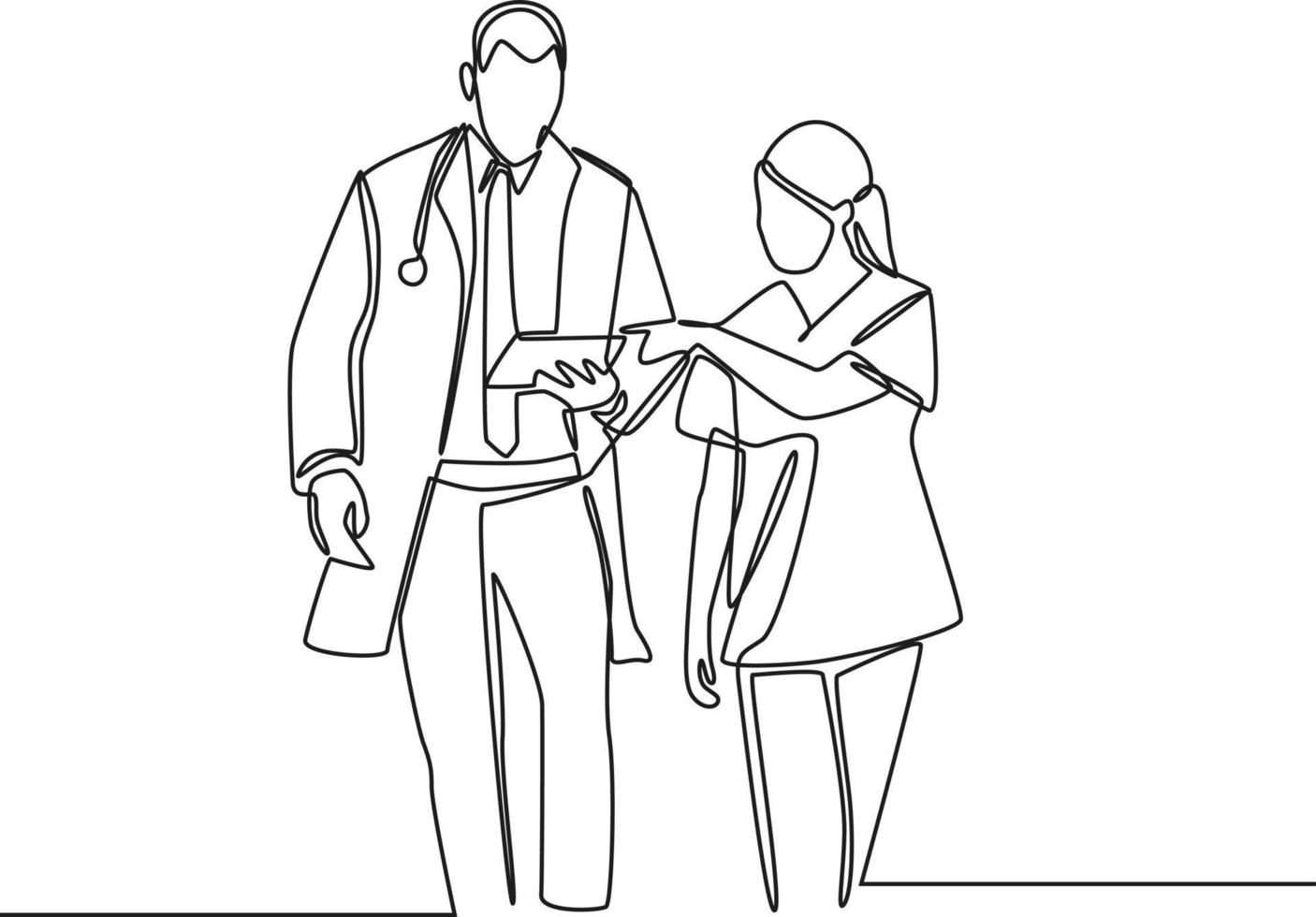 uma linha contínua desenhando um médico e uma enfermeira caminhando para o quarto do paciente. dia internacional do enfermeiro. única linha desenhar desenho ilustração gráfica de vetor. vetor