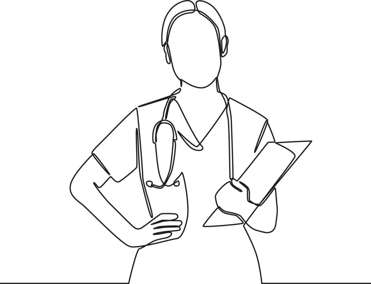 médico de mulher de desenho de linha contínua carrega um estetoscópio no ombro e uma nota. única linha desenhar desenho ilustração gráfica de vetor. vetor