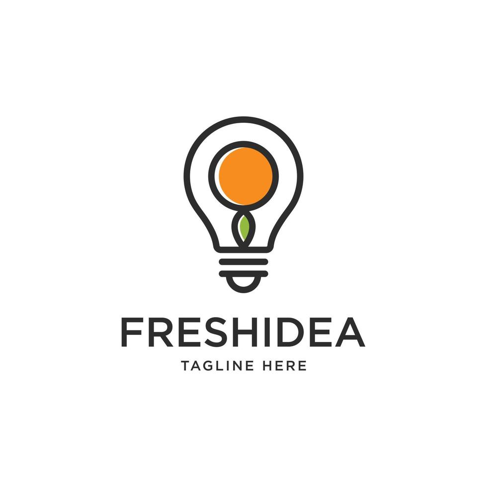 logotipo de ideia fresca com lâmpada e modelo de vetor de design de frutas laranja