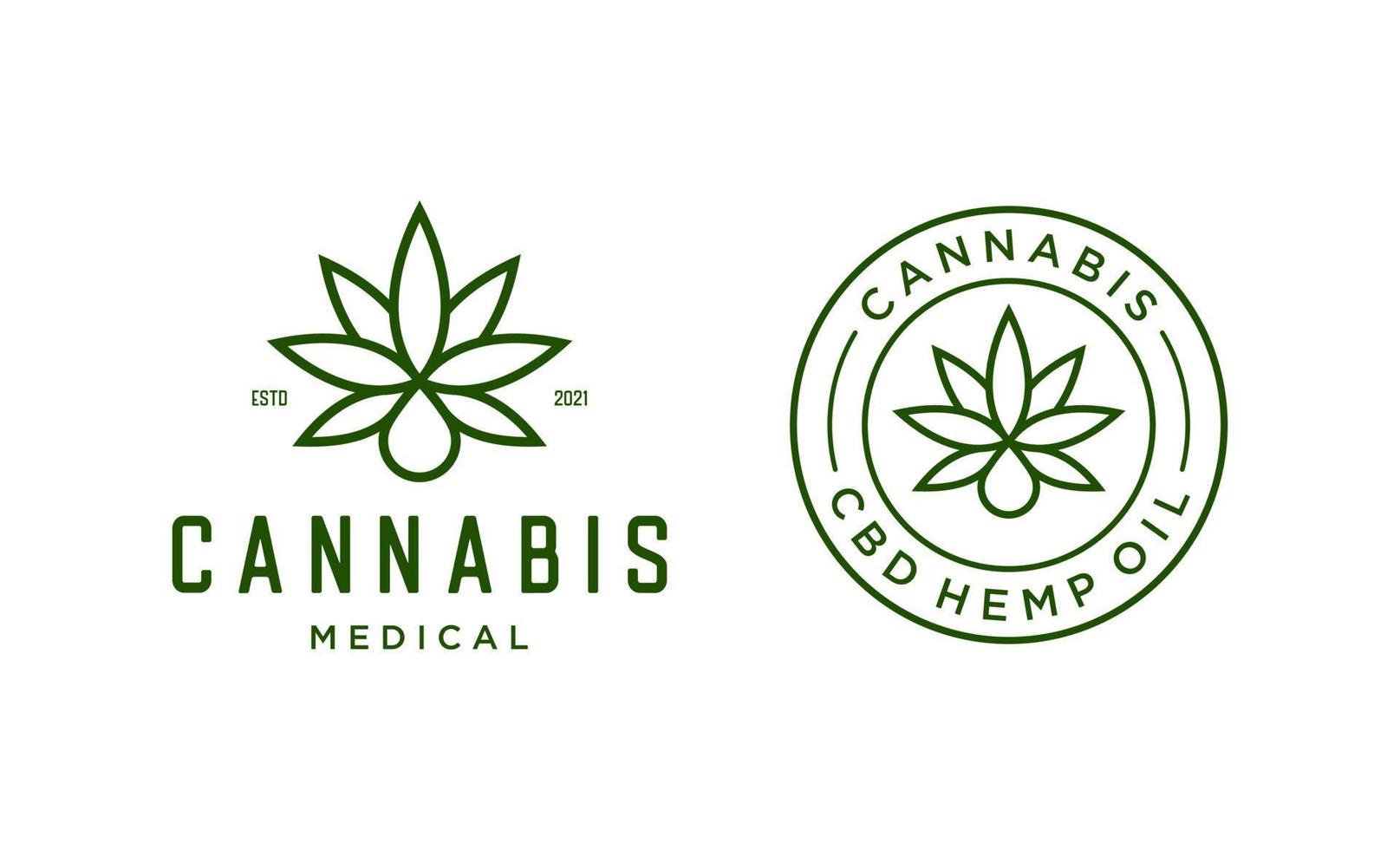 logotipo de óleo de cannabis medicinal com folha de cânhamo verde e modelo de design de gota vetor