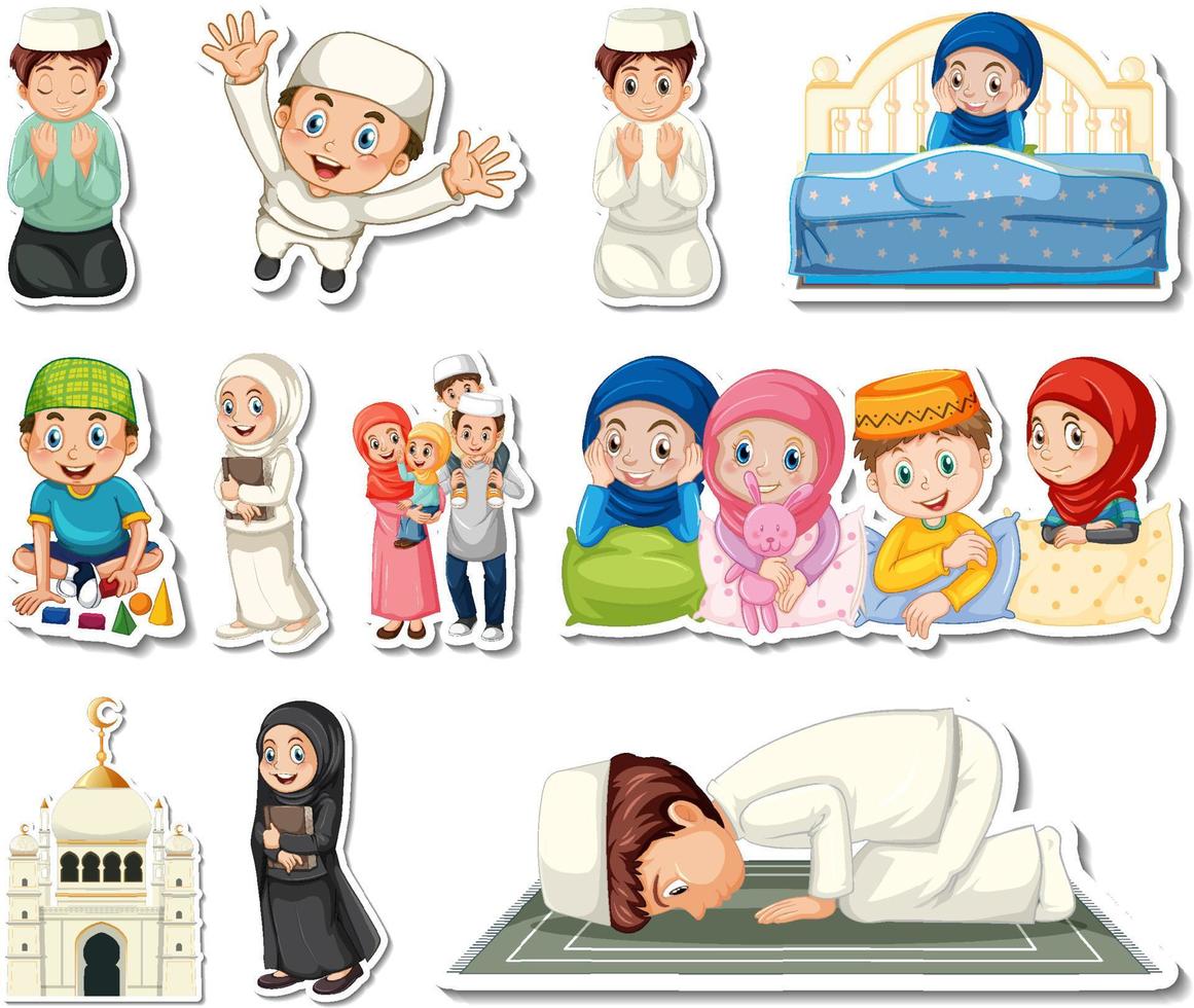 conjunto de adesivos de símbolos religiosos islâmicos e personagens de desenhos animados vetor