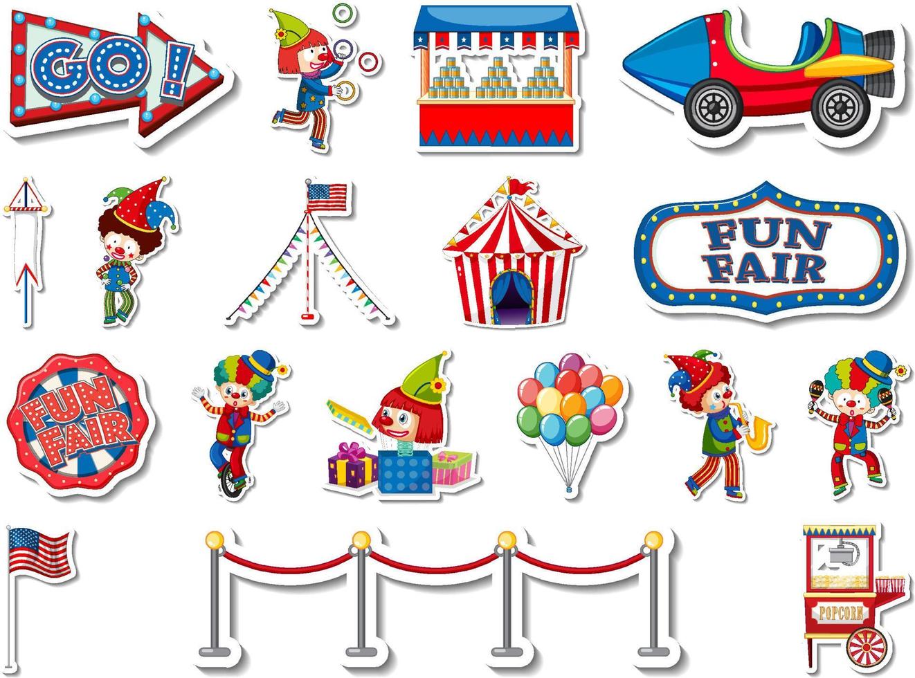 conjunto de adesivos de parque de diversões e objetos de feira de diversões vetor