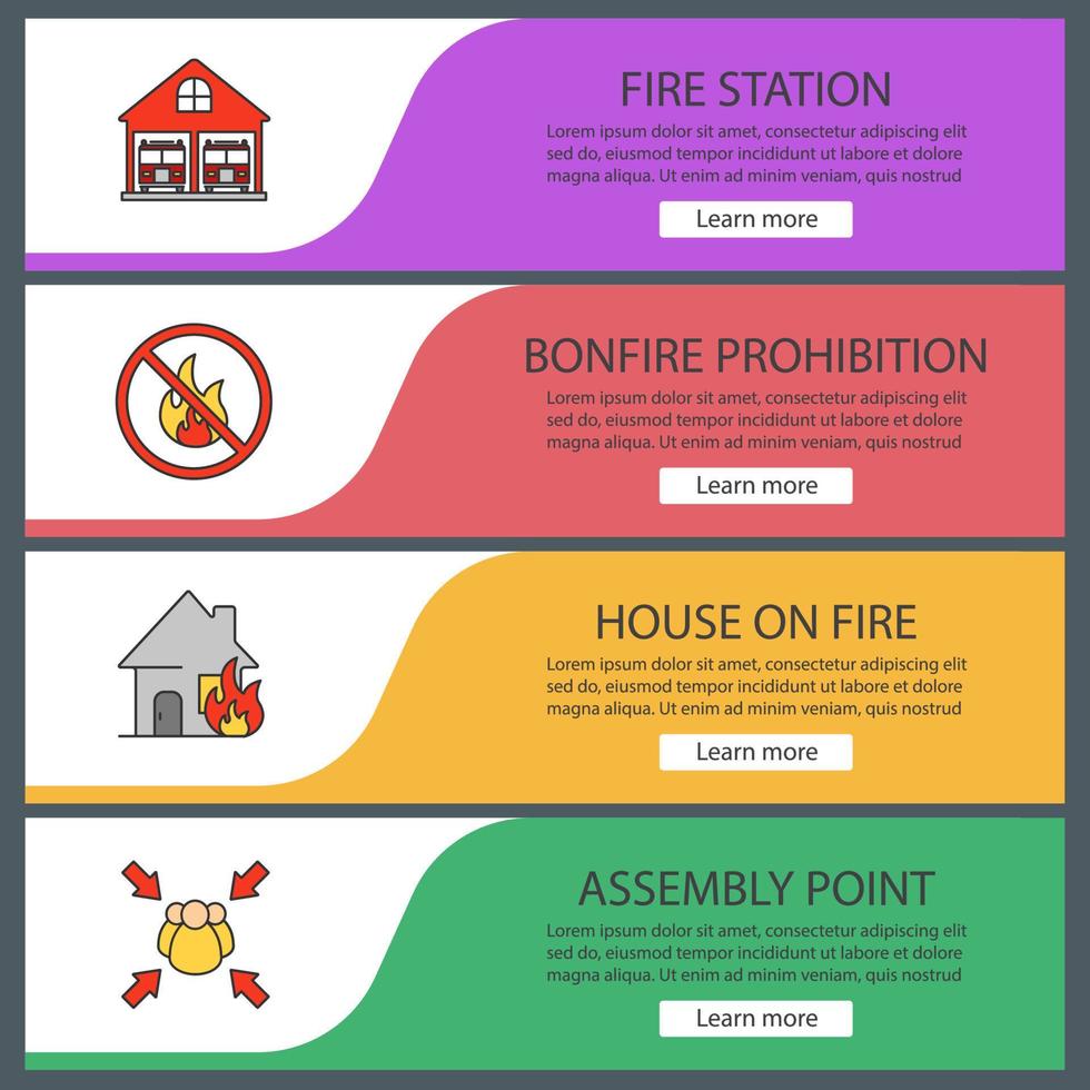 conjunto de modelos de banner da web de combate a incêndios. corpo de bombeiros, proibição de fogueira, casa em chamas, ponto de reunião. itens do menu de cores do site. conceitos de design de cabeçalhos vetoriais vetor