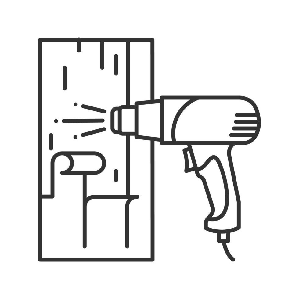 ícone linear de superfície de aquecimento de pistola de ar quente. remoção de tinta. ilustração de linha fina. símbolo de contorno. desenho de contorno isolado de vetor