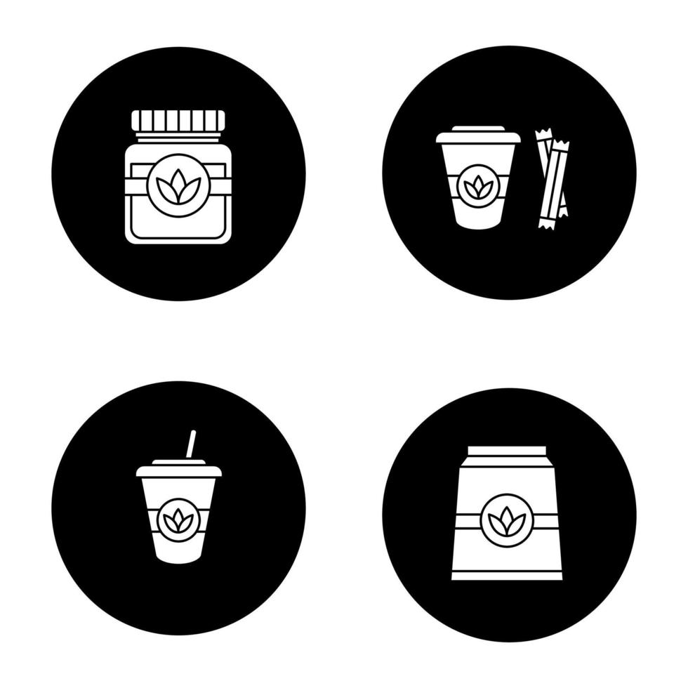 conjunto de ícones de glifo de bebidas de chá. ervas de desintoxicação e coquetéis. ilustrações vetoriais de silhuetas brancas em círculos pretos vetor