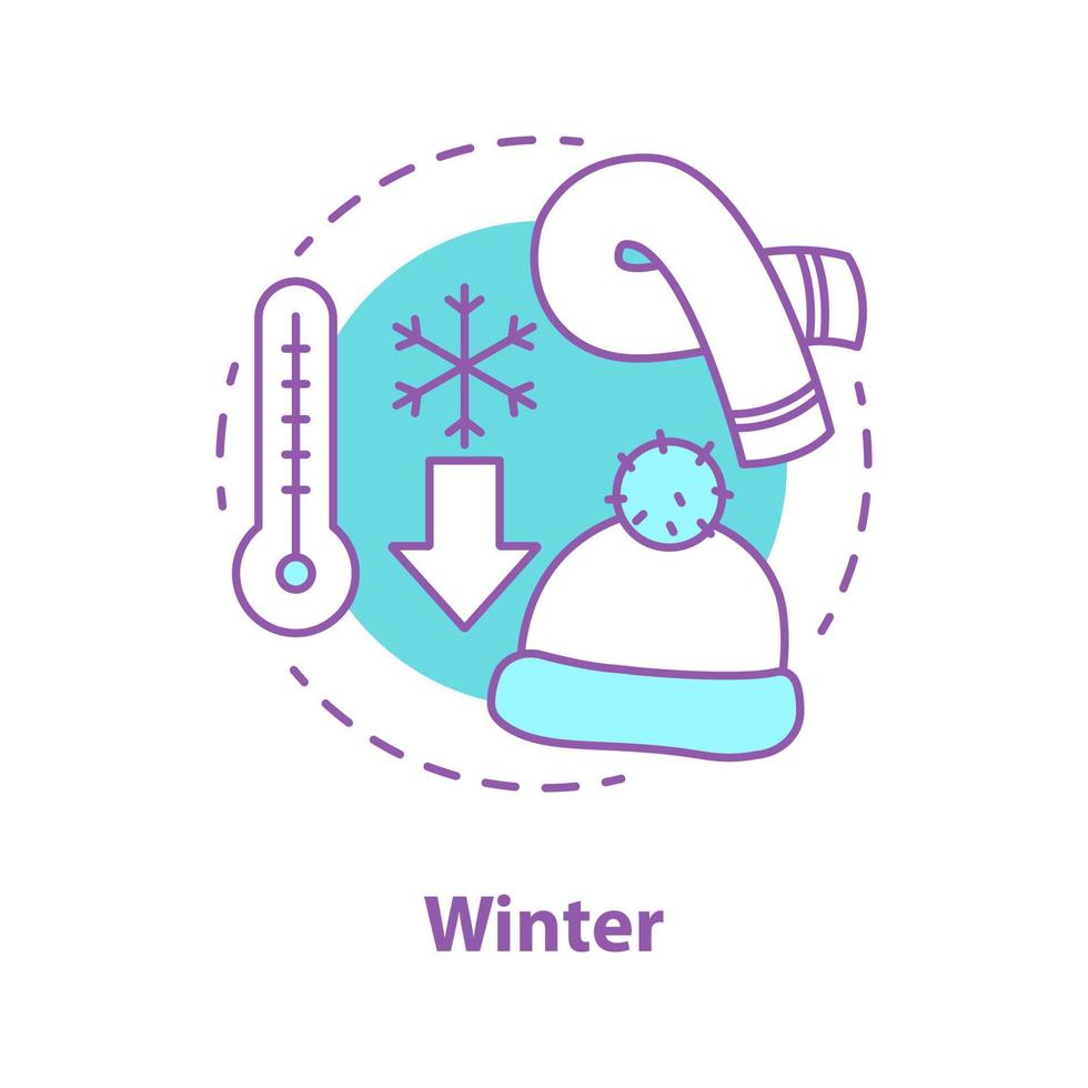ícone do conceito de temporada de inverno. ilustração de linha fina de idéia de tempo gelado. temperatura de inverno. lenço e chapéu. desenho de contorno isolado de vetor