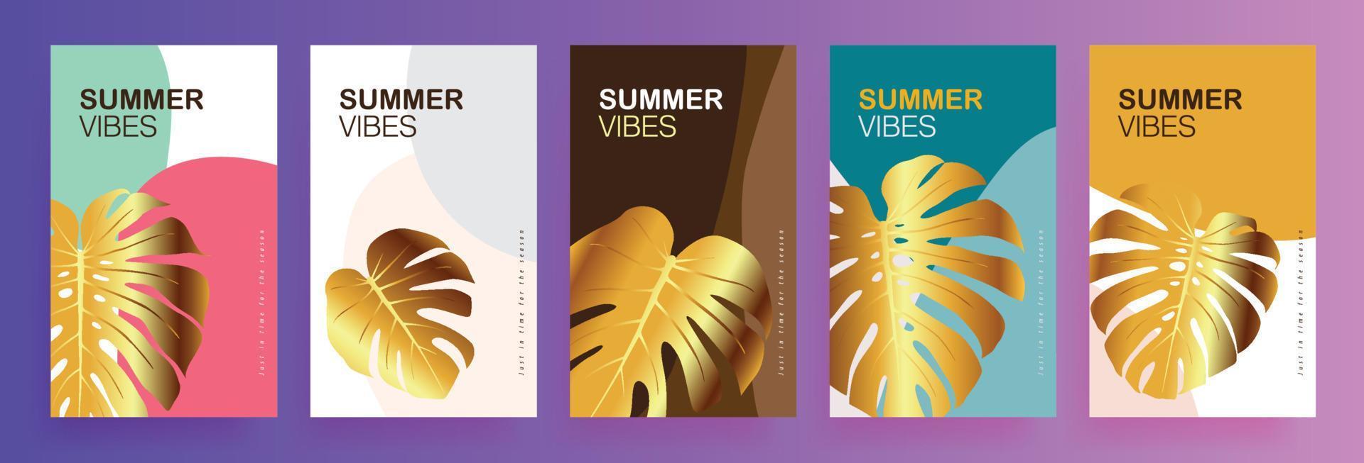 conjunto de desenhos abstratos de fundo de banner de verão com folha tropical de ouro vetor