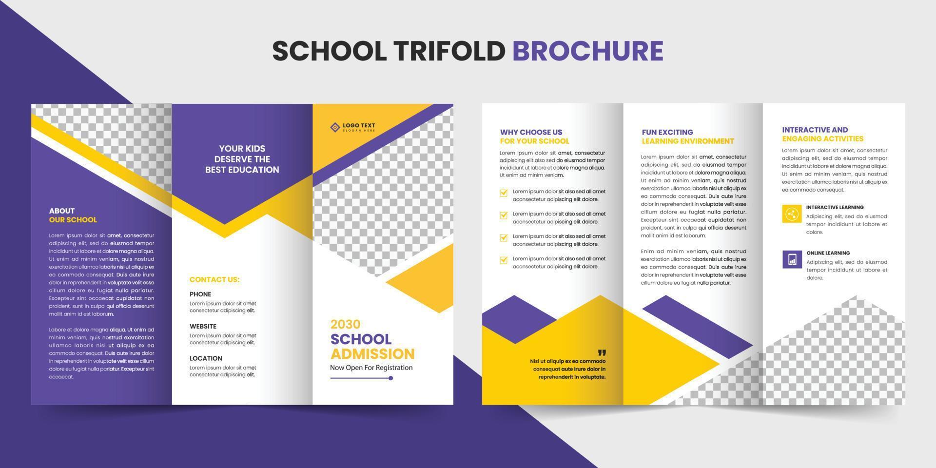 modelo de folheto com três dobras de admissão escolar para crianças ou design de folheto de educação on-line vetor